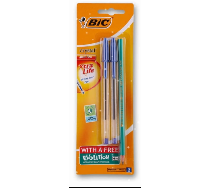 buy-bic-cyrstal-ball-pen-medium-1mm-blue-2-pack-evolution-pencil-hb