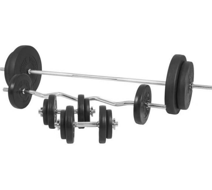 Gorilla Sports SA Weight Bench Black with 100KG Vinyl Weight and Barbell Set Multipurpose Fitness Bench Makro