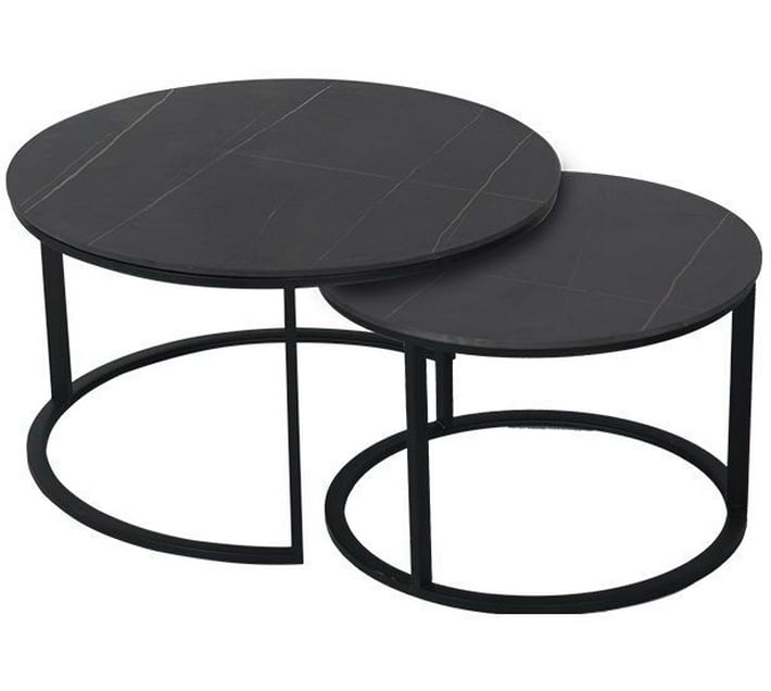 ONLINE OASIS Coffee Tables Set of 2 Rounded Faux Marble Top Black