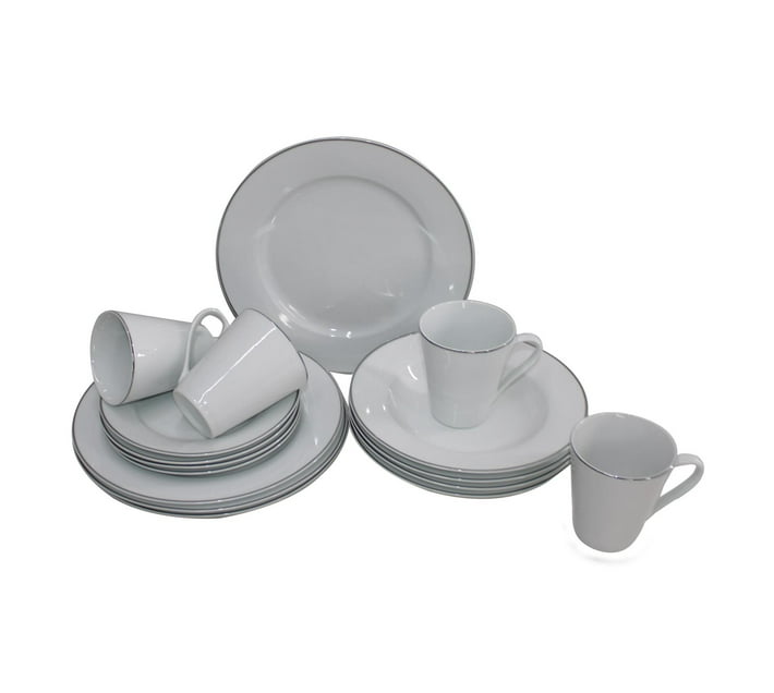 Someone’s in a Makro 16 Piece White Ceramic Dinnerware Set with Silver Trim Mood