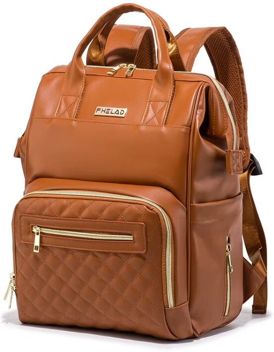 thumbnail image 2 of FHELAD Leather Diaper Backpack With Plaid Embroidery - Large Capacity Travel Organizer 2 of 14
