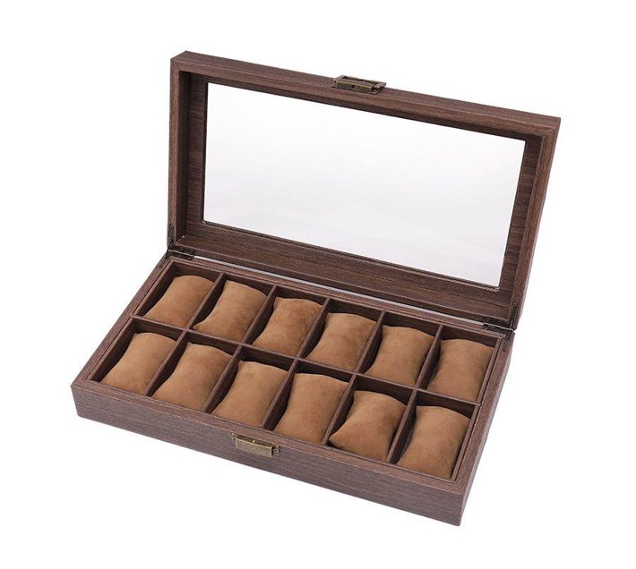 CellTime 12 Slot Watch Box Organizer WoodLook PU Leather with Glass