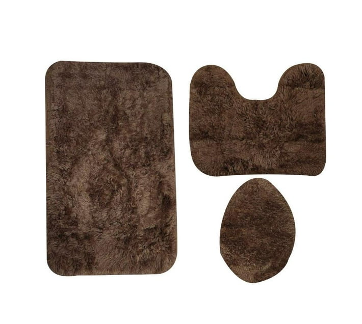 Sastro 3 Piece Fluffy Toilet Seat Cover & Bathroom Mats Set Dark