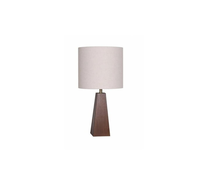 Someone’s in a Makro LAMP TABLEWALNUT TRIANGLE BASEWHITE FABRIC SHADE