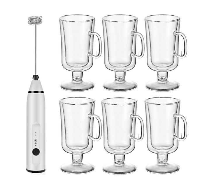 Glass Irish Coffee Mugs and Milk Frother 6 Pack Makro