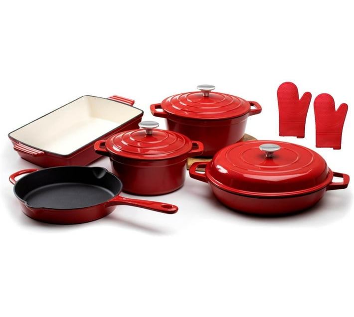 Buy LAS Cast Iron 10-Piece Cookware Set - Red Non-Stick Coated Cast ...
