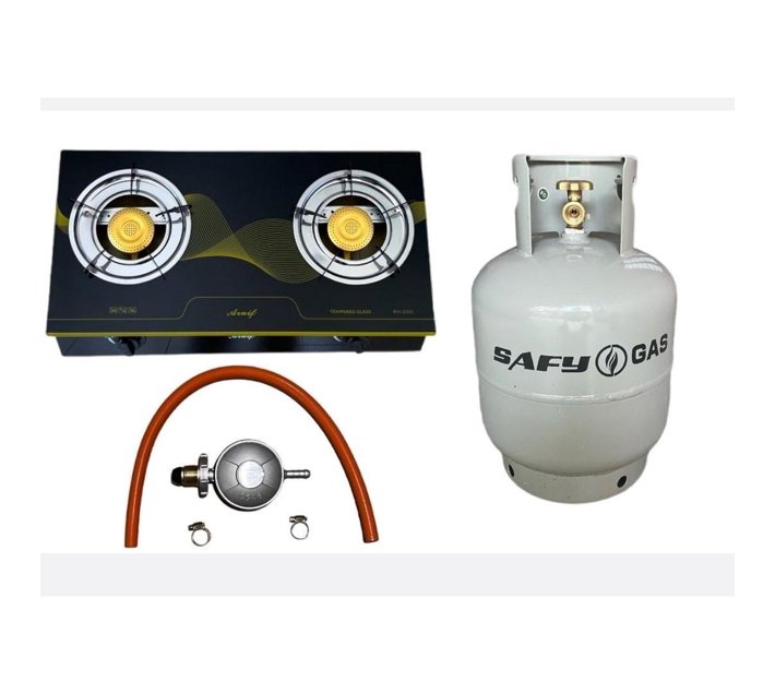Black 2 Plate Glass Top Gas Stove with Fittings & Gas Cylinder 9kg Makro