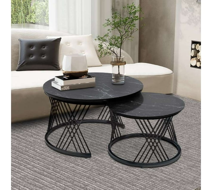 ONLINE OASIS Twist Stylish White Glass Round Coffee Table Black Glass