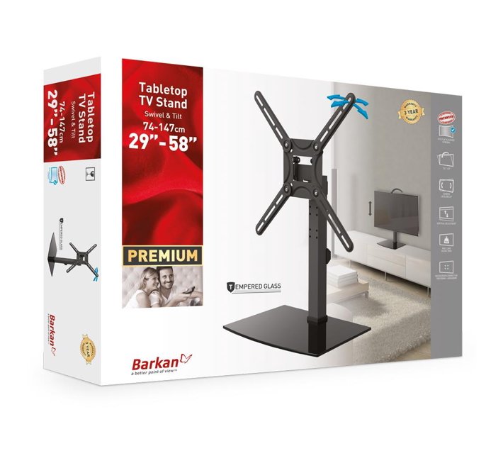 Barkan 29" 58" Tabletop Stand TV Mount with Tempered Glass Base Swivel & Tilt (BRAS320B) Makro