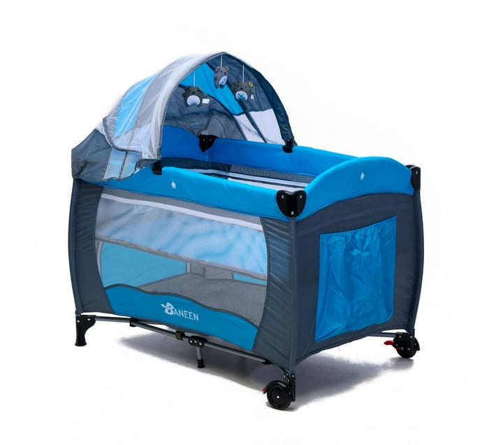 Baneen Baby Cot Crib with Diaper Changer, Net, Toys, Canopy, Wheels and