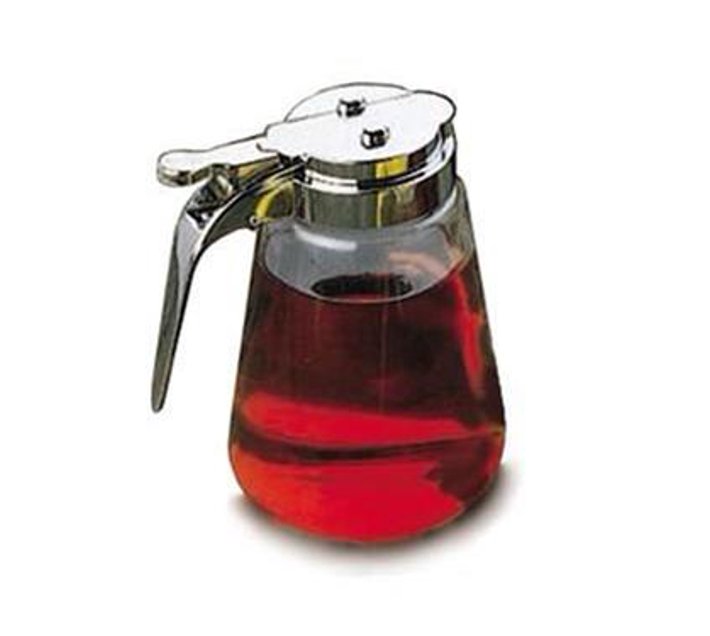 Someone’s in a Makro TableCraft 1370CP Modern Glass 8 oz. Syrup