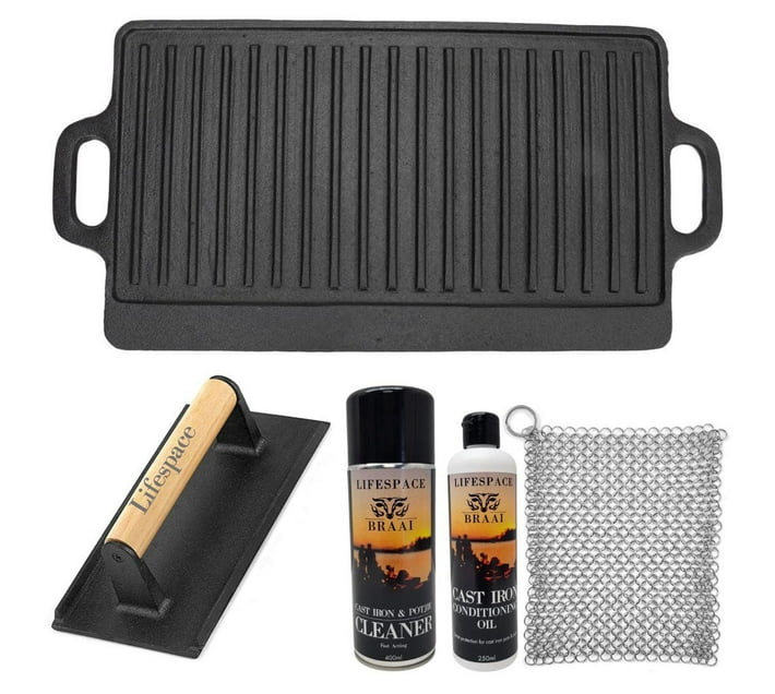 Lifespace Reversible Griddle Pan, Cast Iron Meat/Bacon Press & Cast