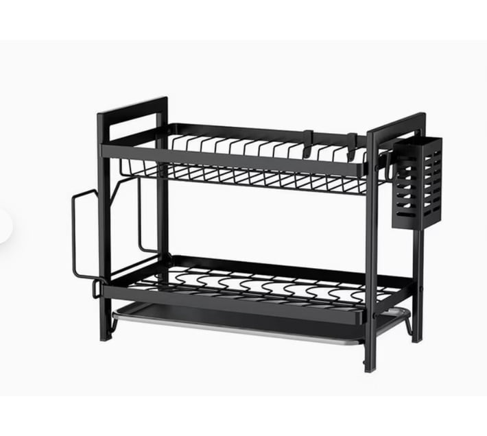 DICK RACH FOLDING 2 LAYER DISH RACK carrying dishes and utensils with ...