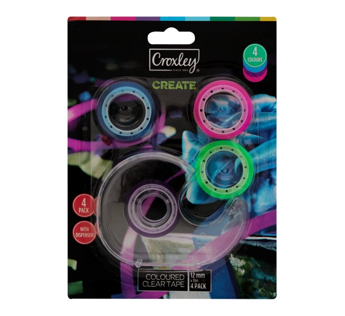 Croxley 12 mm x 10 m Coloured Clear Tape 4Pack with Dispenser Makro