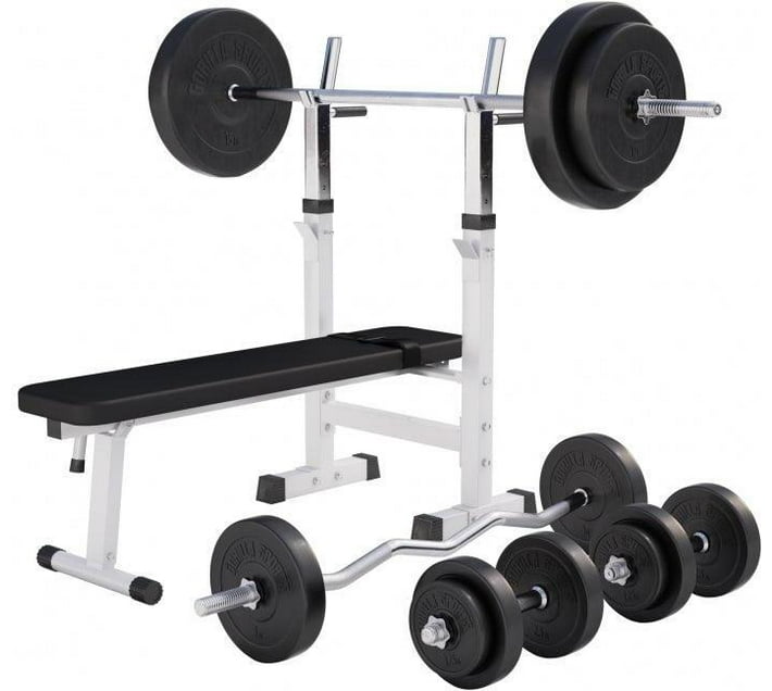 Gorilla Sports Adjustable Weight Bench White with 100kg Vinyl Weight Plate and Barbell Set Multipurpose Fitness Bench Makro