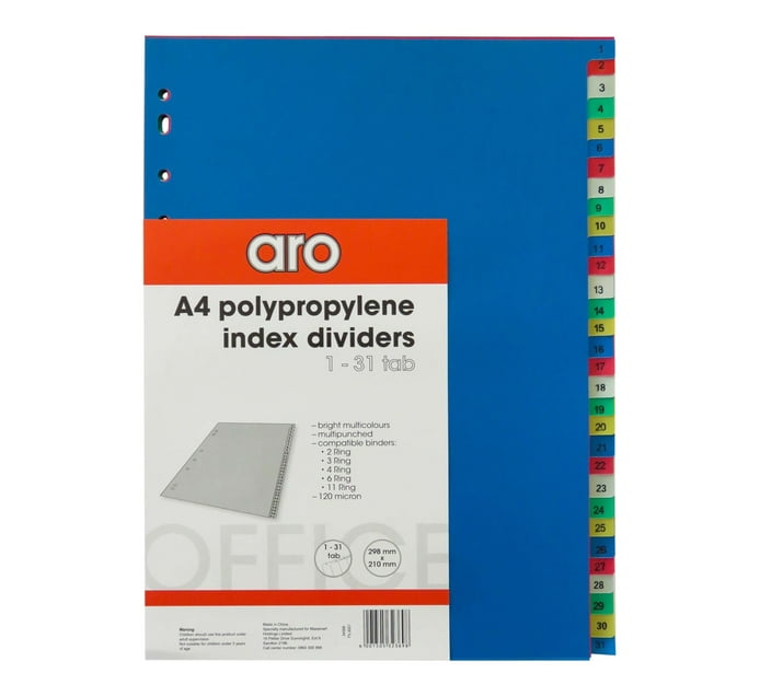 ARO A4 Polypropylene File Dividers 31Tab Makro
