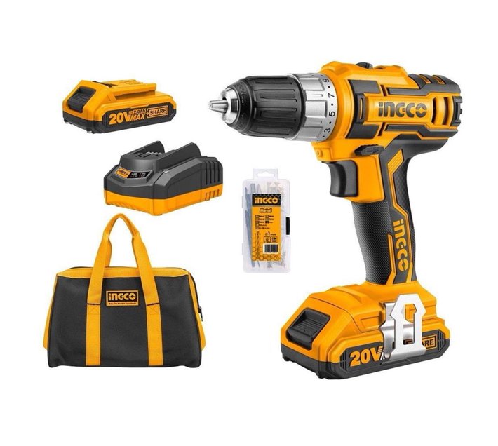 Ingco Cordless Drill Kit 45Nm 20V With 2 X Battery, Charger & 47 Pcs Accessory And Screw Set Makro