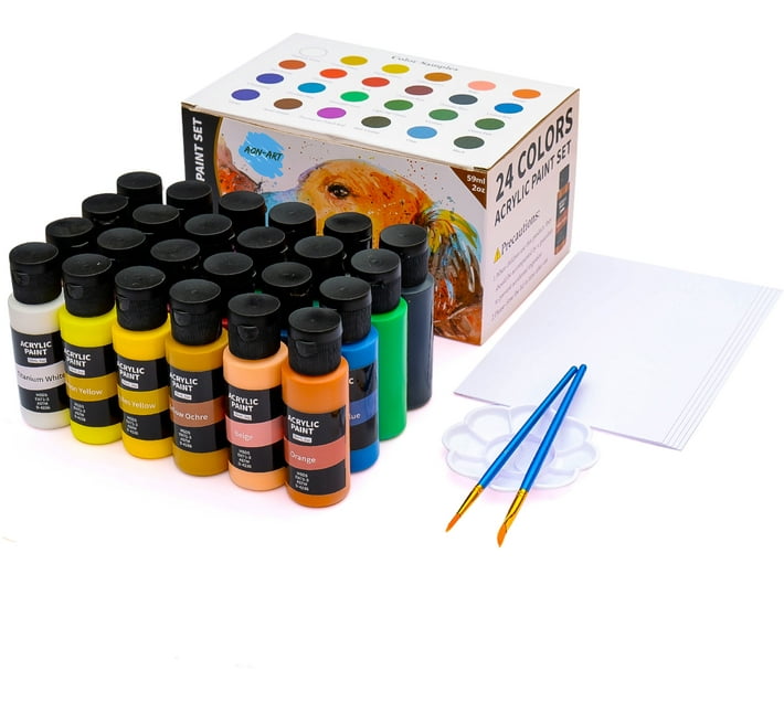 AonArt 24 Colours Acrylic Paint Set with Brushes and Canvas Makro