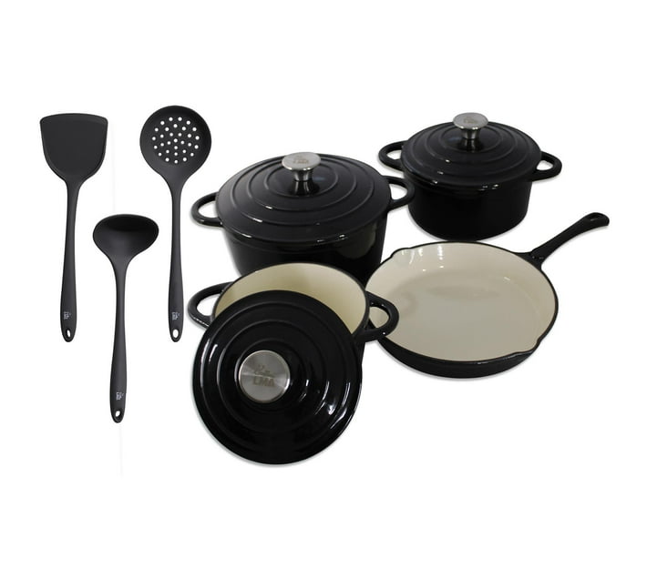 LMA 10 Piece Black Cast-Iron Cookware Pots and Silicone Kitchen Utensil ...