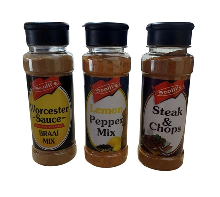 Scalli`s 200ml Worcester Sauce Spice, 200ml Lemon Pepper, 200ml Steak
