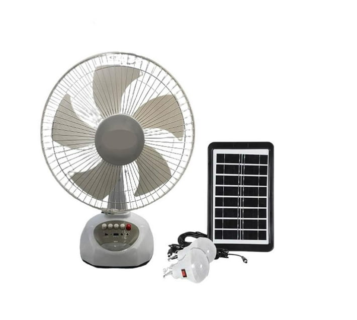 12" Rechargeable Desk Fan LED Light And Light Bulbs And Solar Panel JA