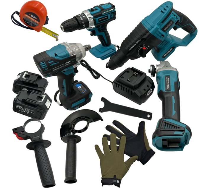 4 Piece Wireless Power Tool Set 2 Battery Packs With Gloves & Tape