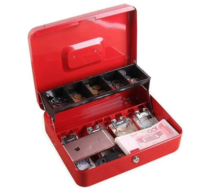 lilhe Large Cash Box with Money Tray and Lock, Safe Metal Box Cash Box