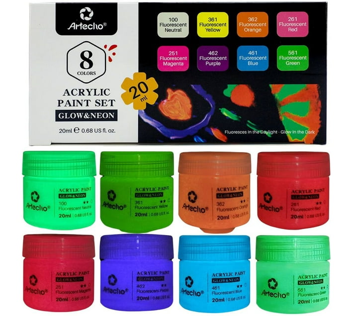 Lifespace Artecho 8 colour Neon UV Glow in the Dark Acrylic Paint Set