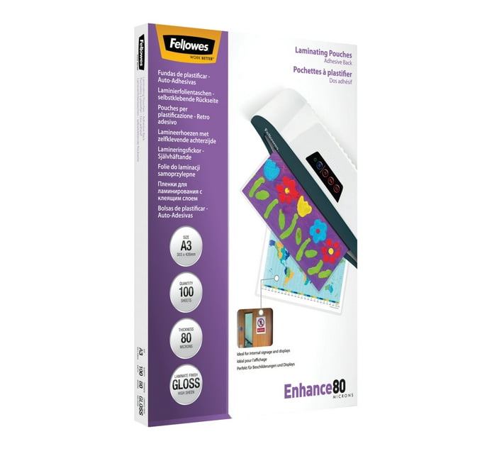 Fellowes A3 Enhance 80 Micron Gloss Laminating Pouches 100Pack Makro