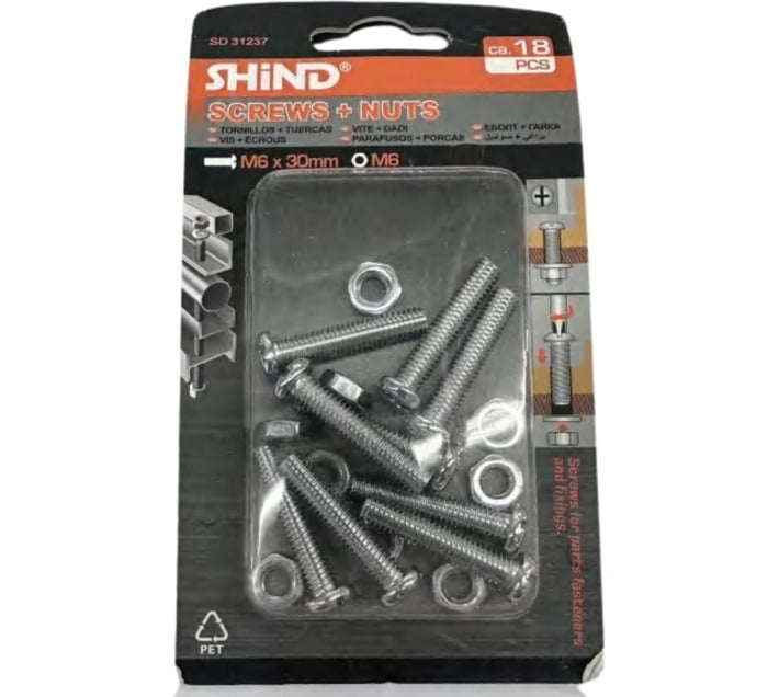 Shind Nut & Bolt Set SD31237 M6 x 30mm Screws + Nuts (Pack of 1) Makro
