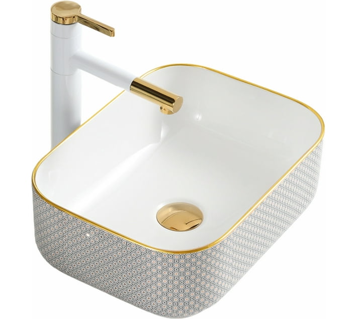 Countertop Ceramic Basin/Tabletop Alyssa Gloss White & Gold Square