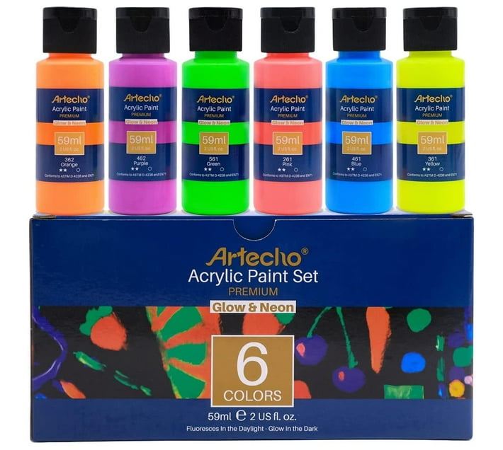 Artecho Glow in the Dark Paint Set of 6 Colours, 60ml Acrylic Paints Makro