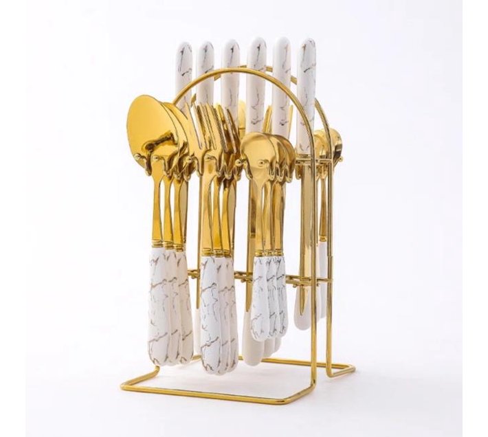 Someone’s in a Makro PSM 24pcs Gold Dinnerware Flatware Set With Marbled Ceramic Handle Holder